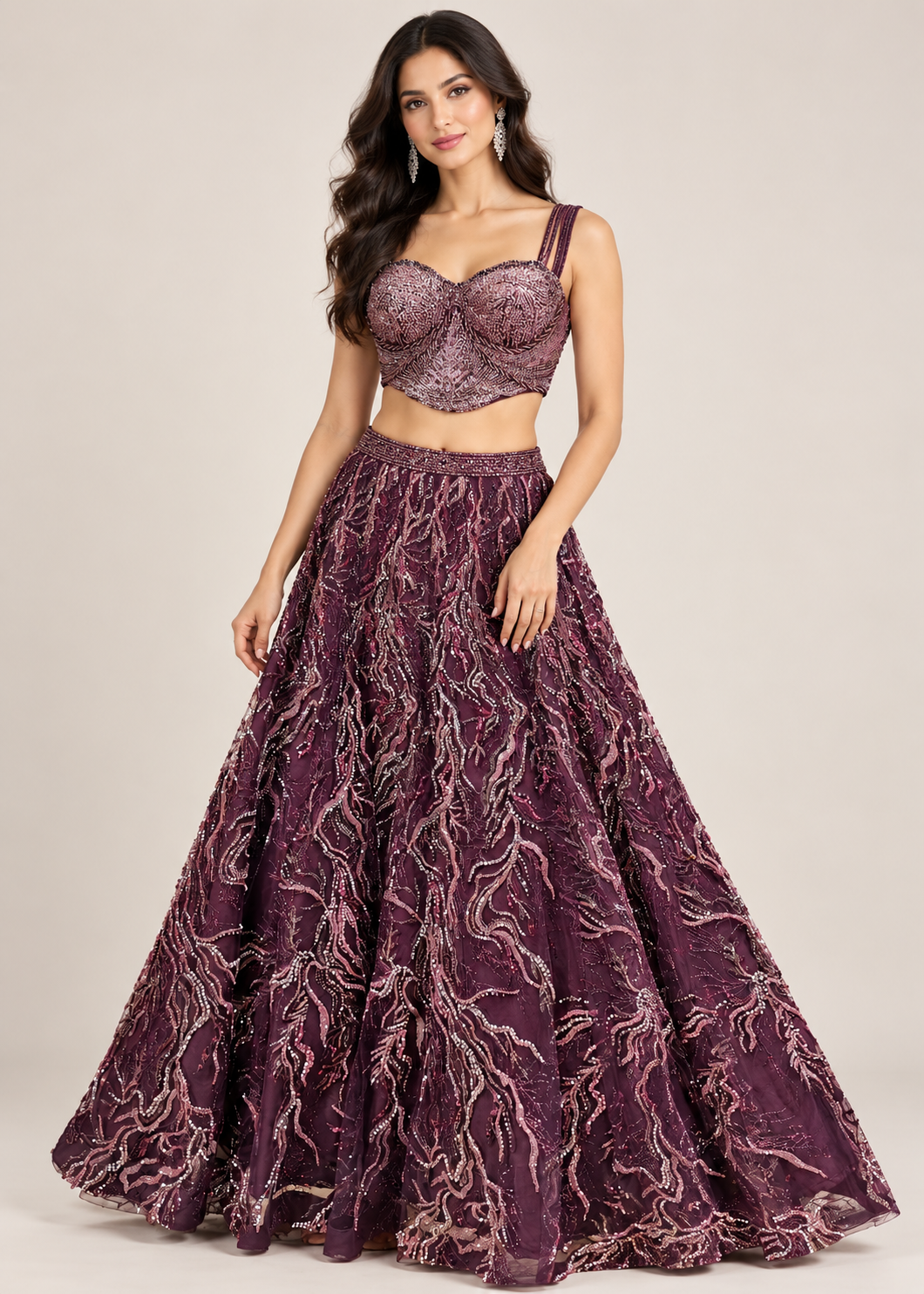 Wine Plum Coral-Branch Sequin &amp; Crystal Bridal Lehenga Set Main image