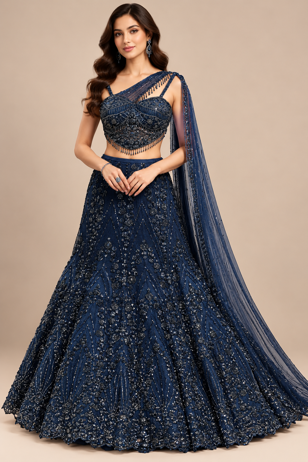 Midnight Navy Heavily Embellished Lehenga Set with Asymmetric Shoulder Drape