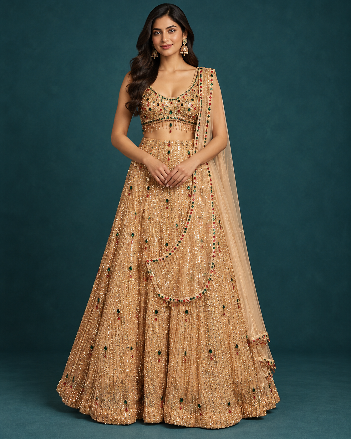 Champagne Gold Navratan Embroidered Bridal Lehenga