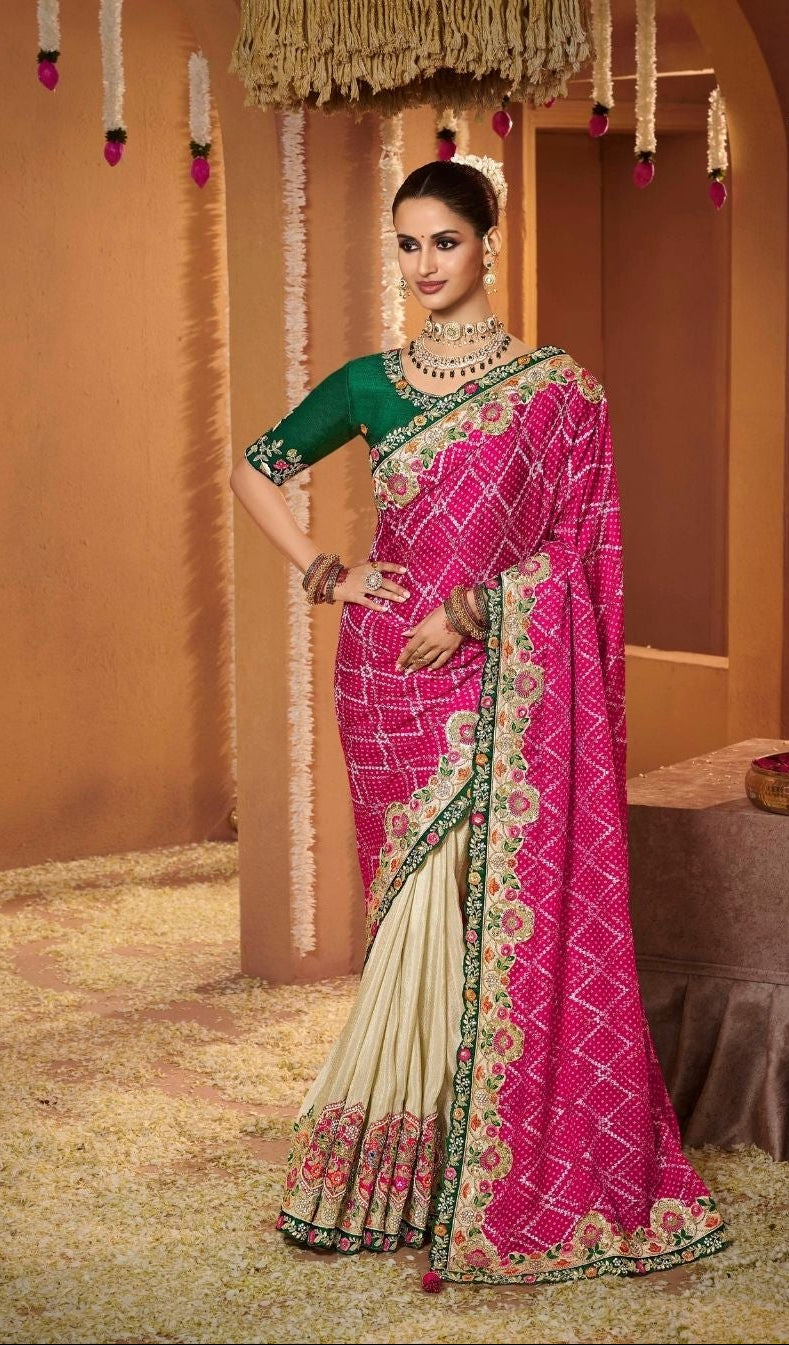Stunning Pink and Cream Fusion Saree Main image