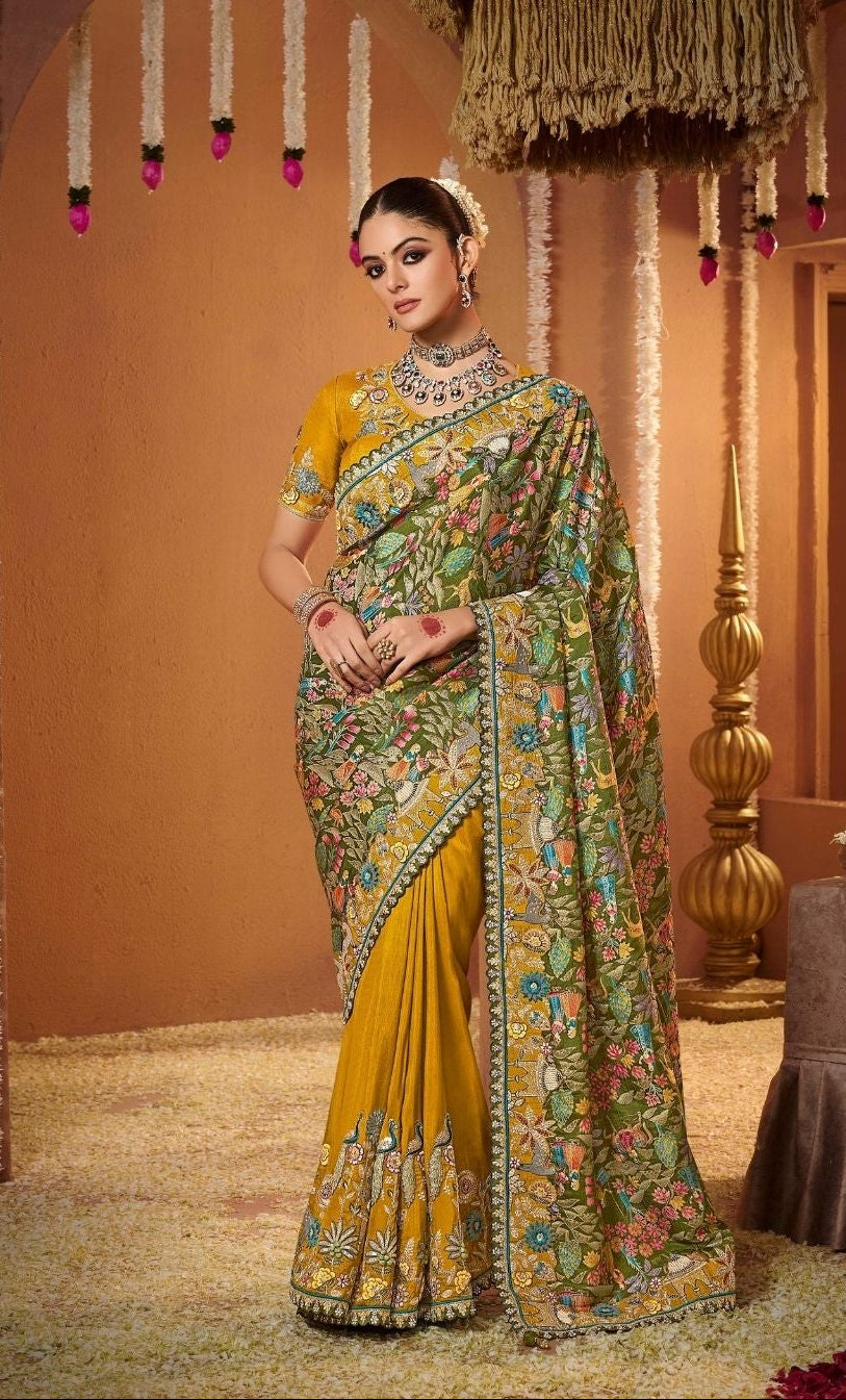 Regal Mustard and Sage Green Designer Saree Main image
