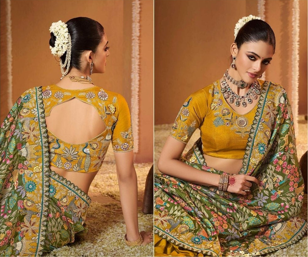 Regal Mustard and Sage Green Designer Saree