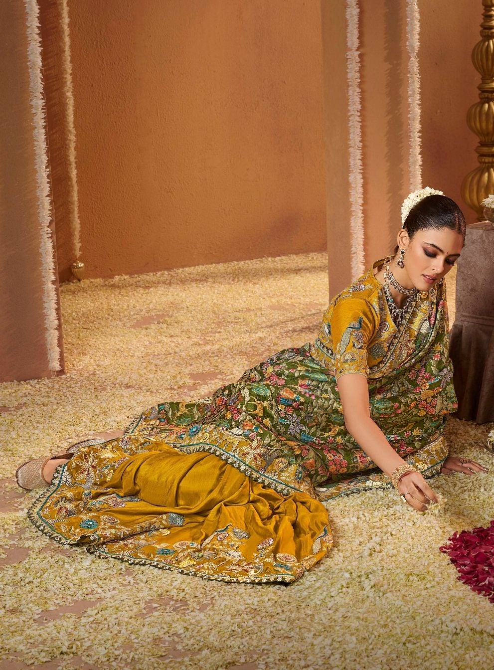 Regal Mustard and Sage Green Designer Saree