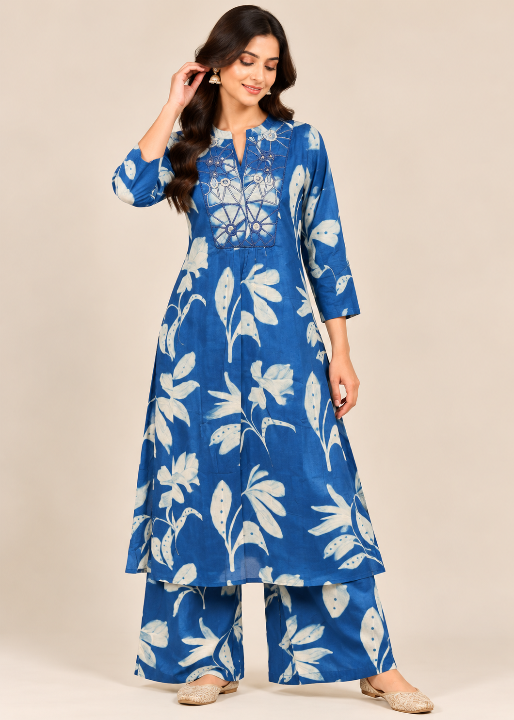 Indigo Blue Floral Printed Co-Ord Kurti with Palazzo Set