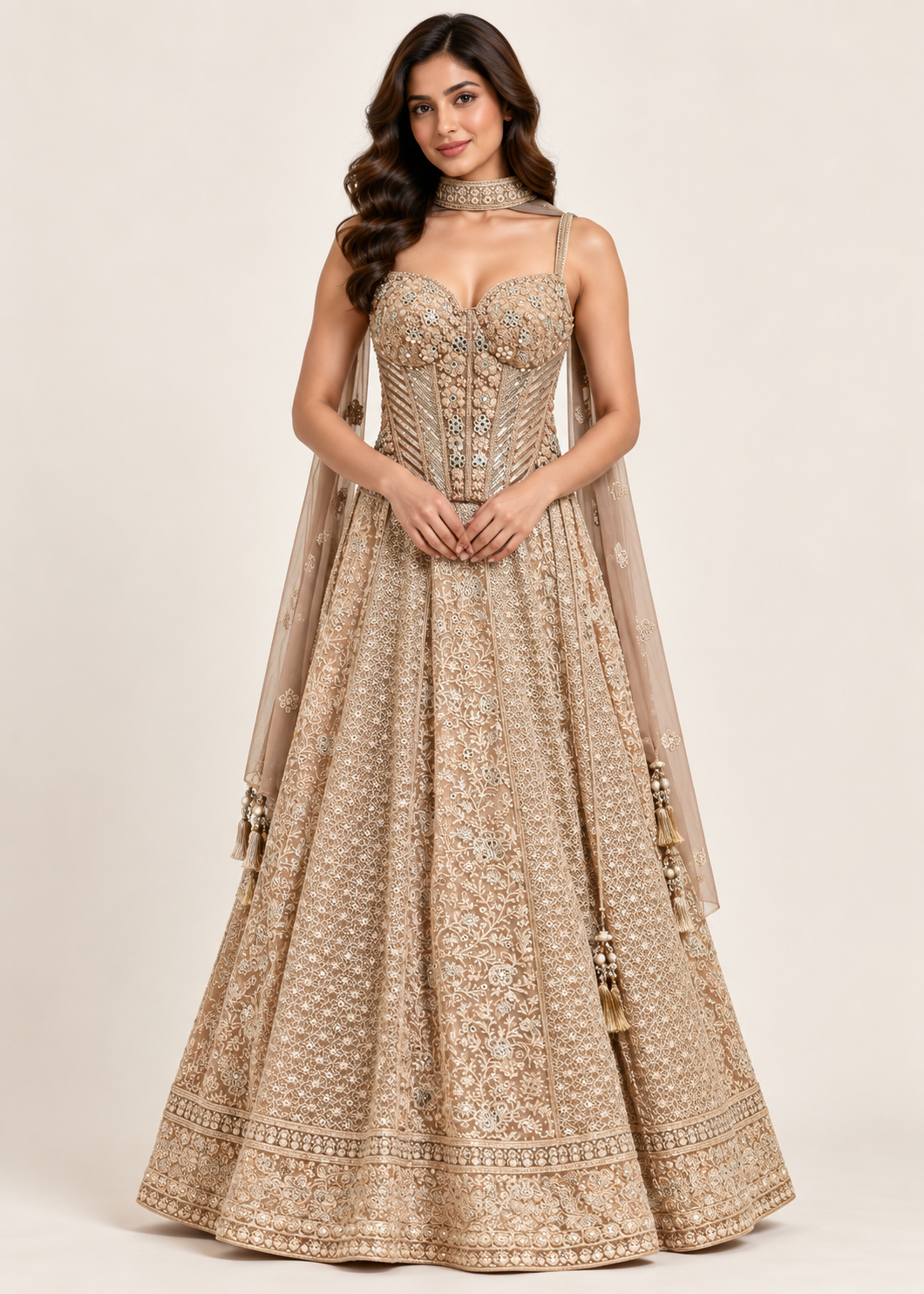 Champagne Gold Corset Bridal Lehenga Set with Attached Choker Cape