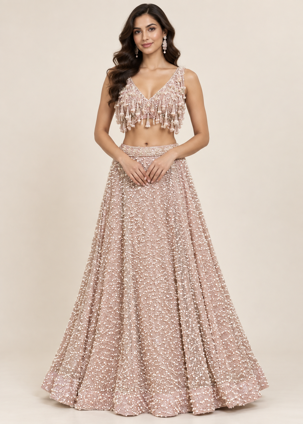 Blush Rose Pearl & Crystal Tassel Bridal Lehenga Set Main image