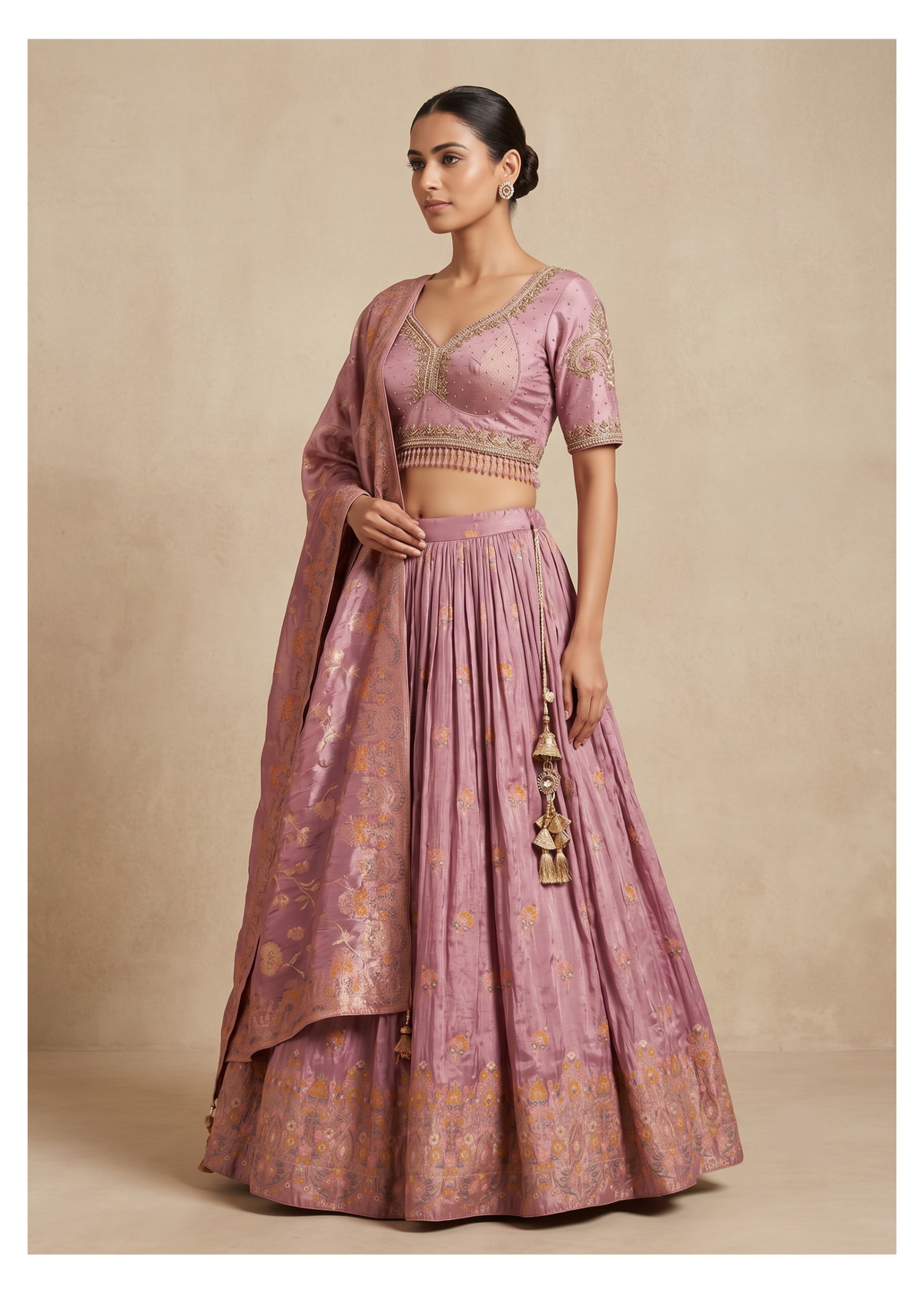 Dusty Lilac Mauve Silk Lehenga Set with Brocade Dupatta