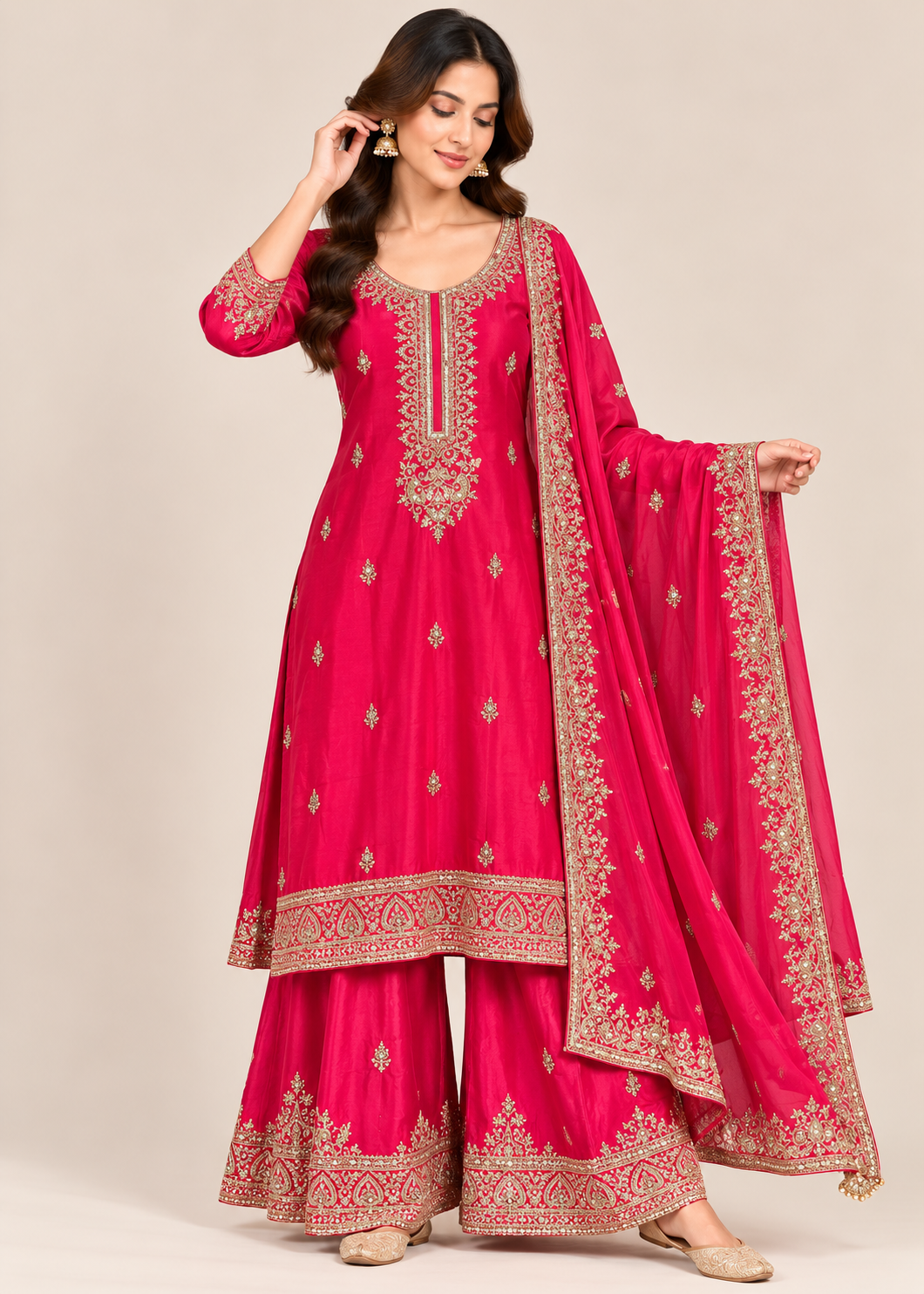 Rani Pink Zari Embroidered Sharara Suit with Dupatta Main image