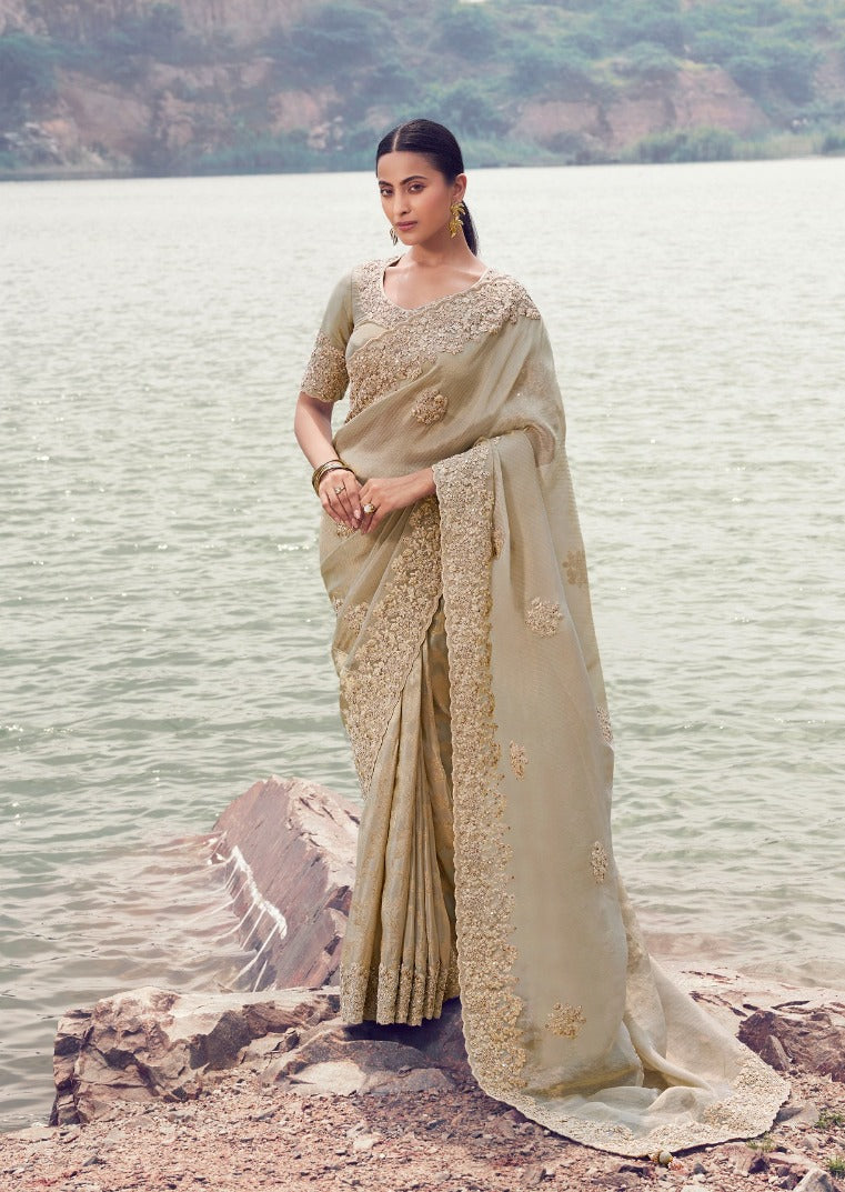 Elegant Beige & Gold Heavily Embroidered Saree (8602 GS-133)