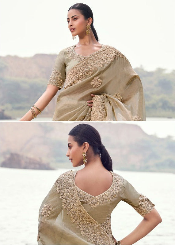 Elegant Beige & Gold Heavily Embroidered Saree (8602 GS-133)