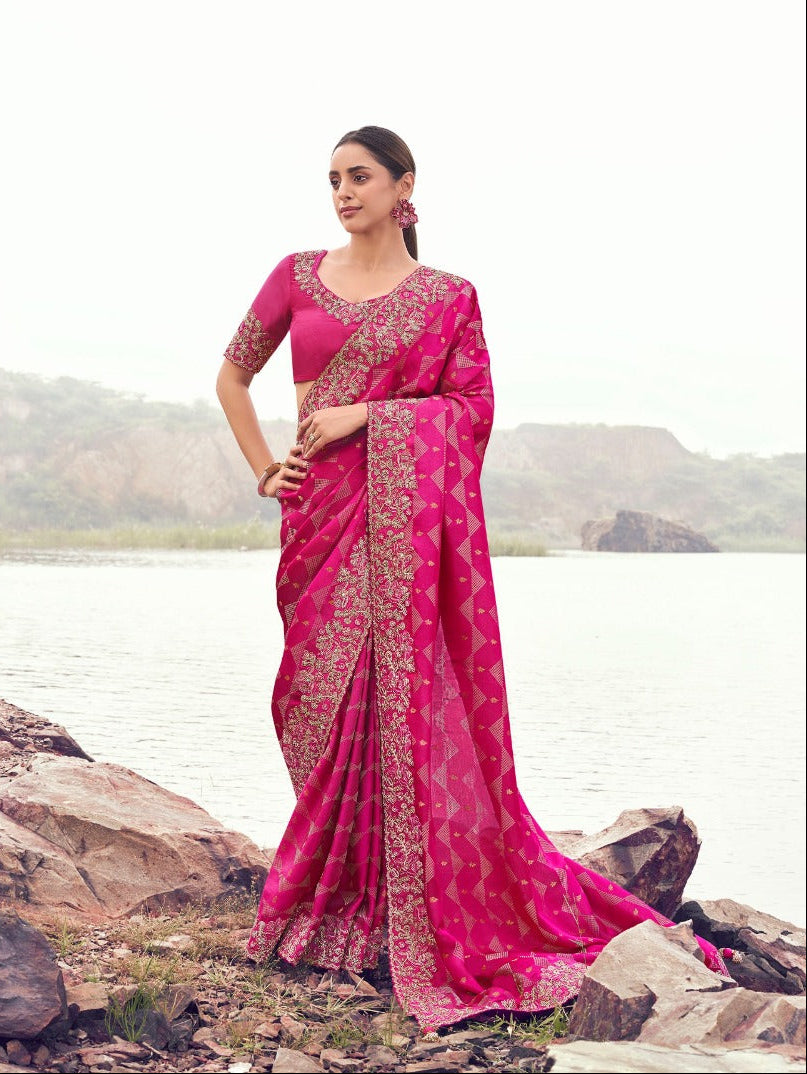 Bright Rani Pink Vibrant Rani Pink Embellished Saree 8605 GS-133 – ODHNI