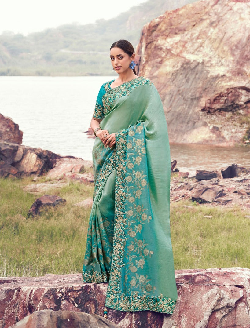 Serene Seafoam Green Saree with Teal Contrast (8606 GS-133)