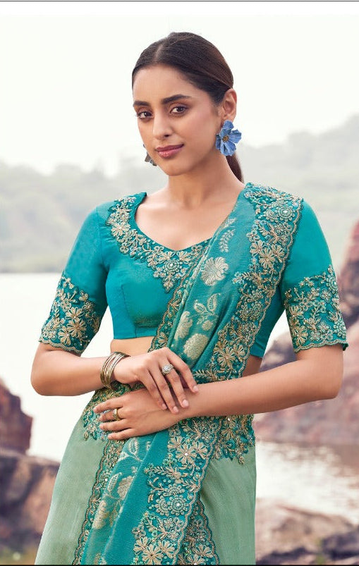 Serene Seafoam Green Saree with Teal Contrast (8606 GS-133)