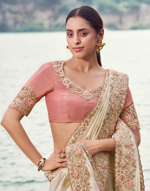 Luxurious Ivory Saree with Pastel Embroidery (8607 GS-133) Secondary image