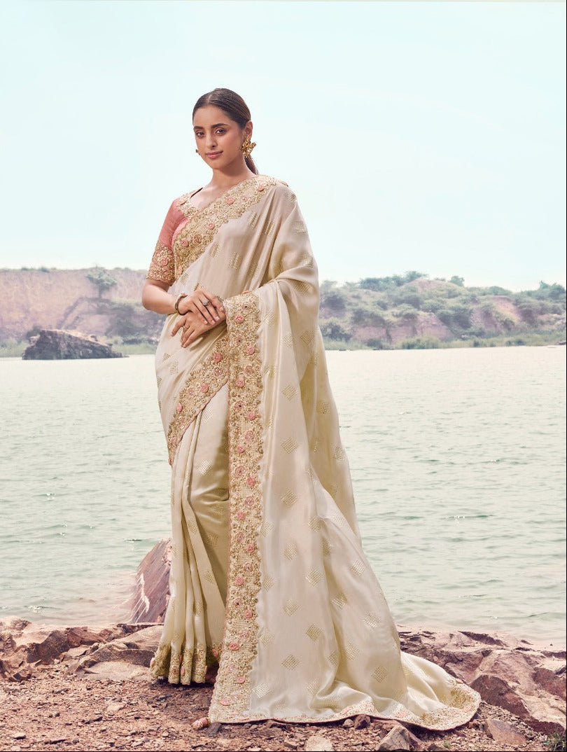 Luxurious Ivory Saree with Pastel Embroidery (8607 GS-133) Main image