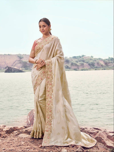 Luxurious Ivory Saree with Pastel Embroidery (8607 GS-133)