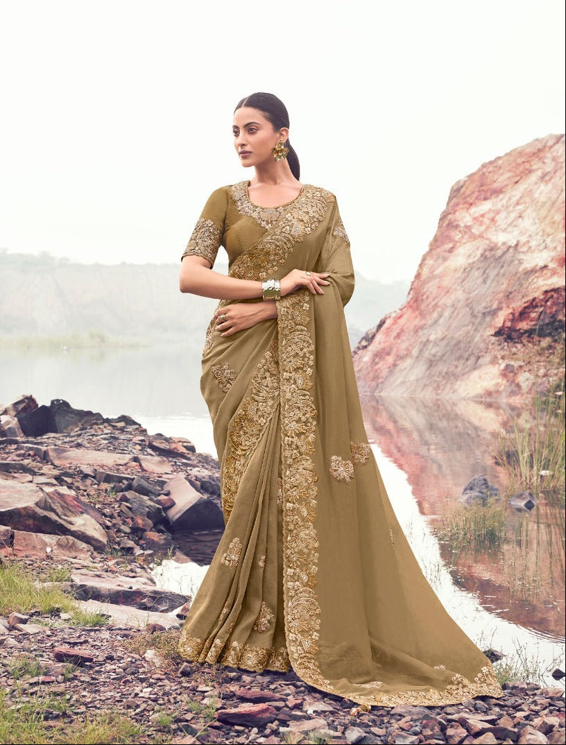 Elegant Mocha green Saree with Gold Embroidery (8610 GS-133)