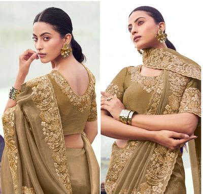 Elegant Mocha green Saree with Gold Embroidery (8610 GS-133)