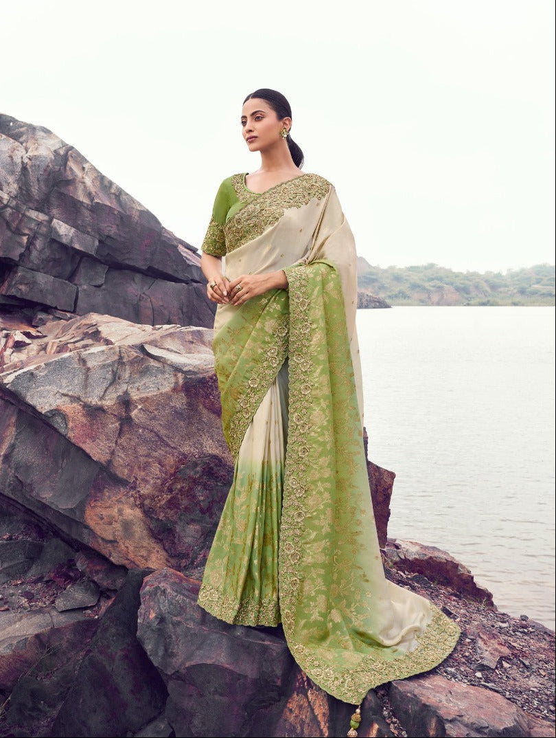 Chic Ivory and Ombré Green Saree with Contrast Blouse (8612 GS-133) Main image