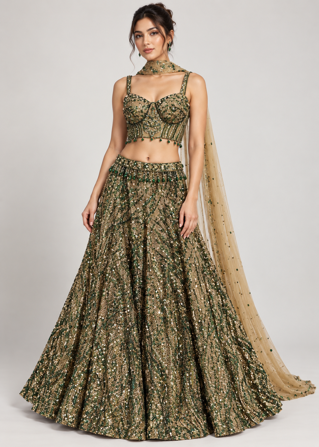 Emerald & Olive Green Corset Bridal Lehenga Set with Choker Drape