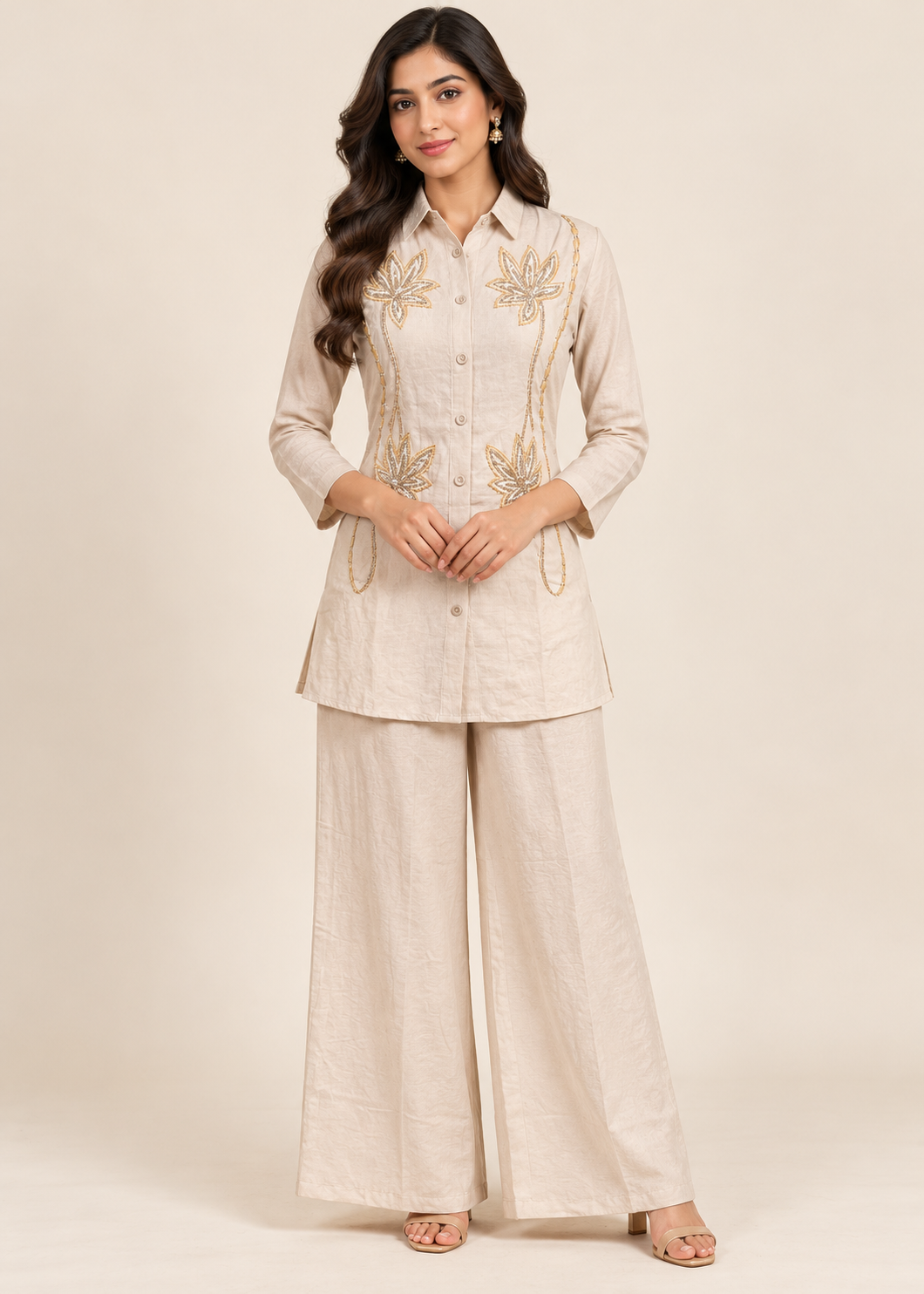 Beige Hand Embroidered Silk Co-ord Set