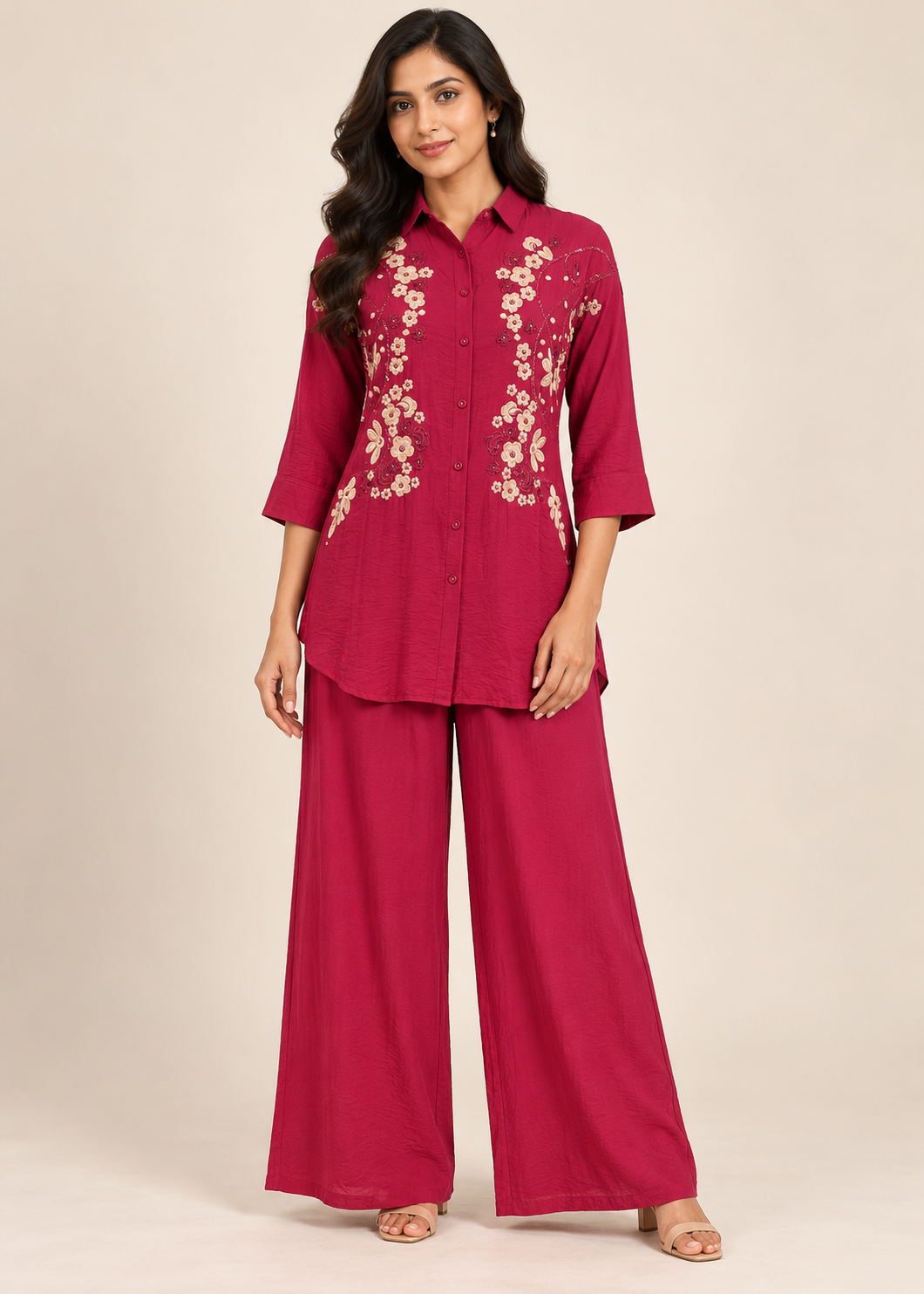 Berry Red Floral Embroidered Co-ord Set