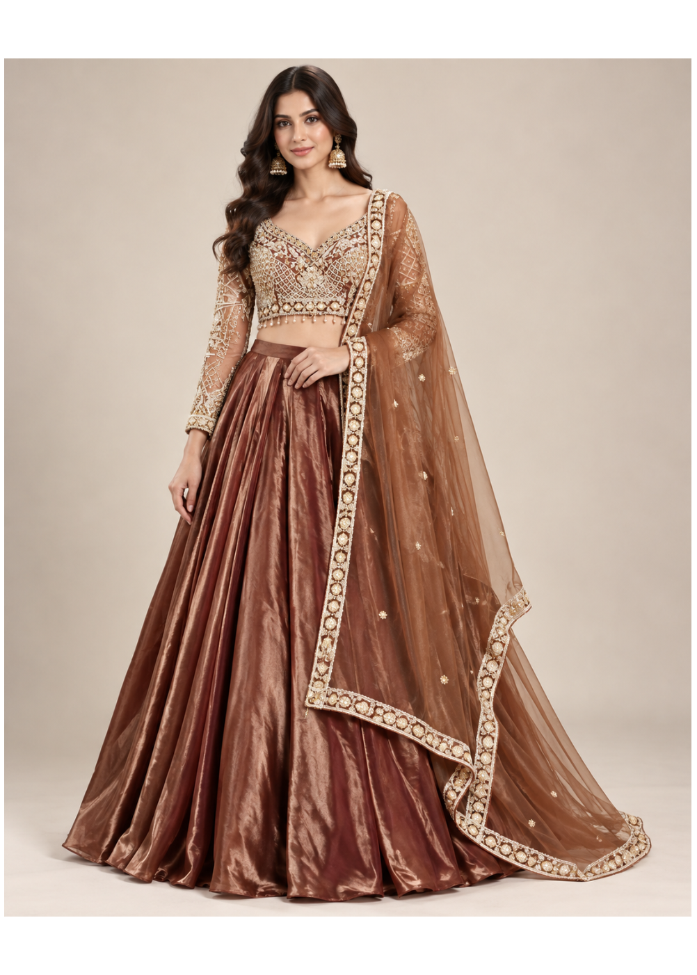 Copper Brown Gold Embroidered Lehenga Set