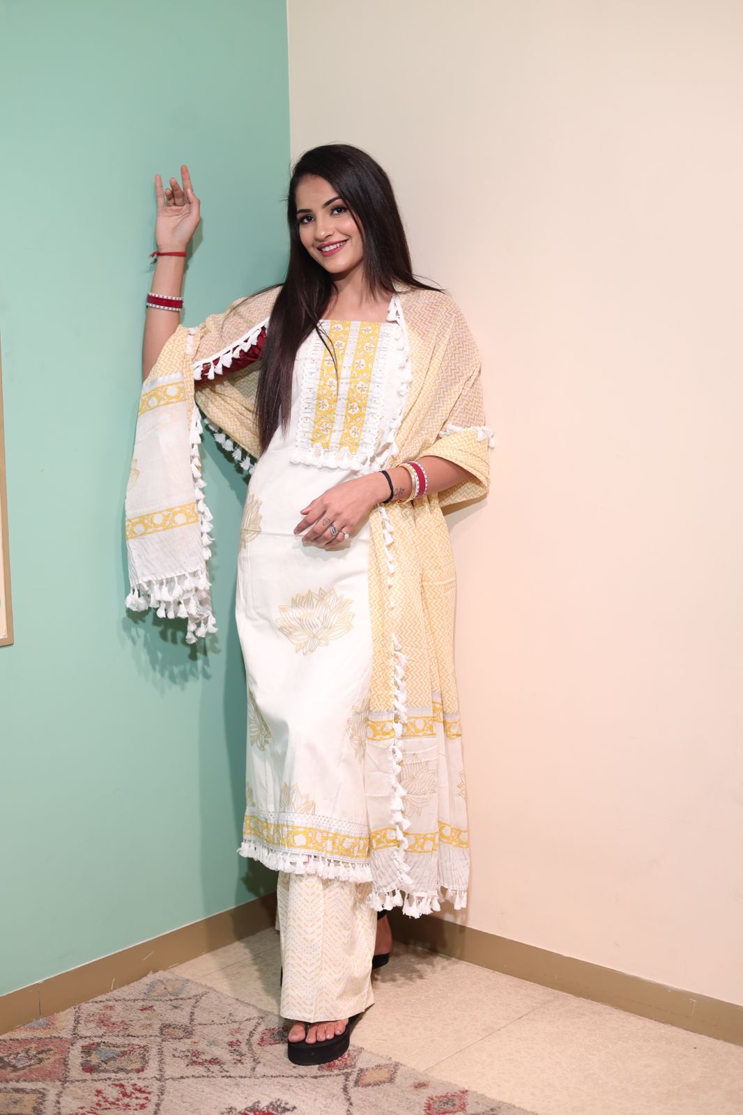 Unstitched White and Yellow Cotton Suit