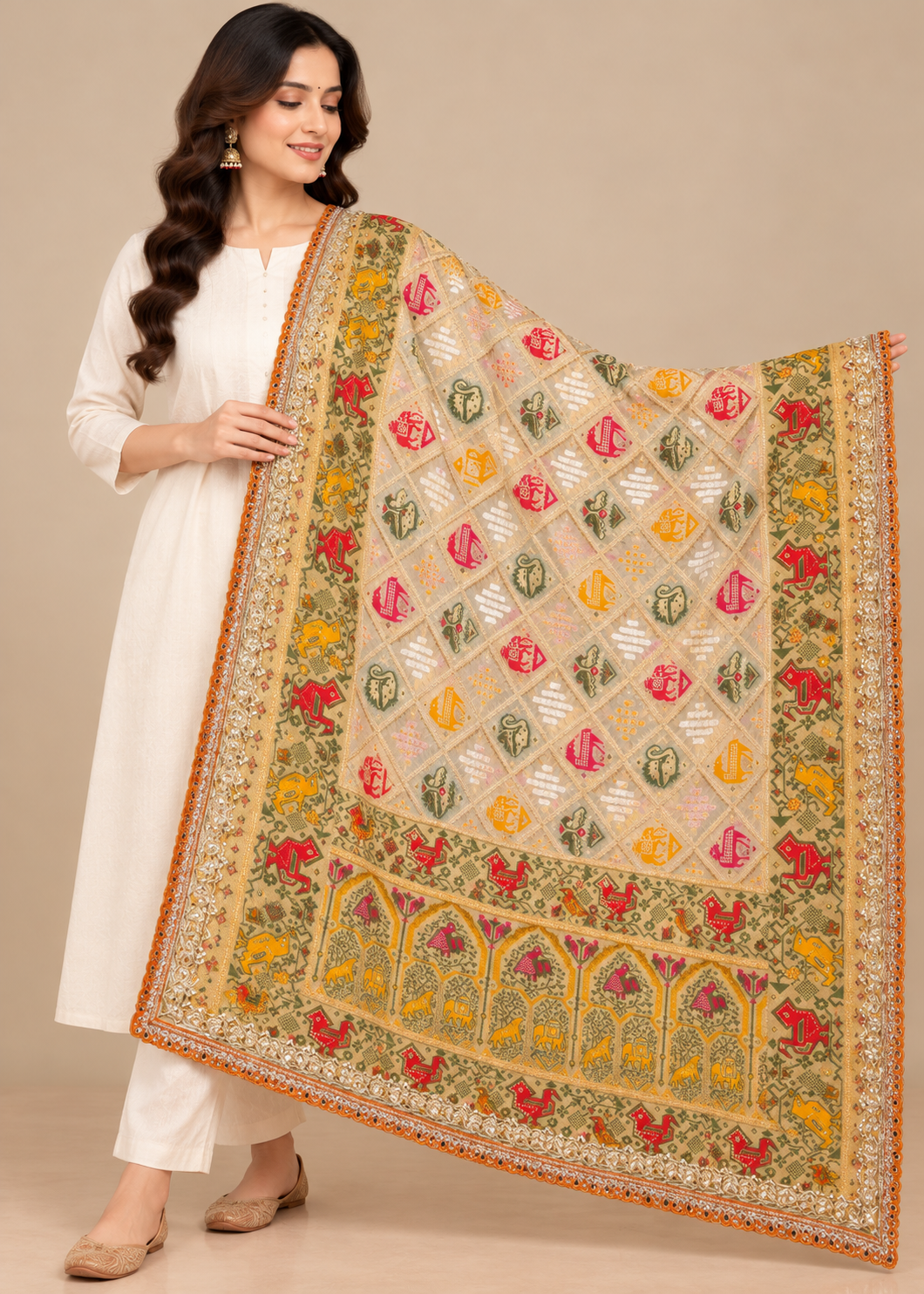 Beige Patola Motif Pichwai Silk Dupatta