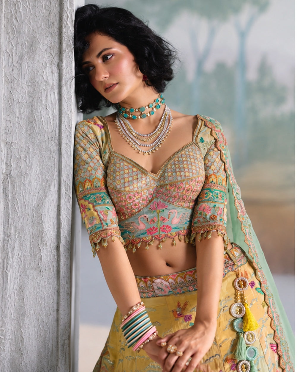 Pastel Mint Green Multicolor Bridal Lehenga
