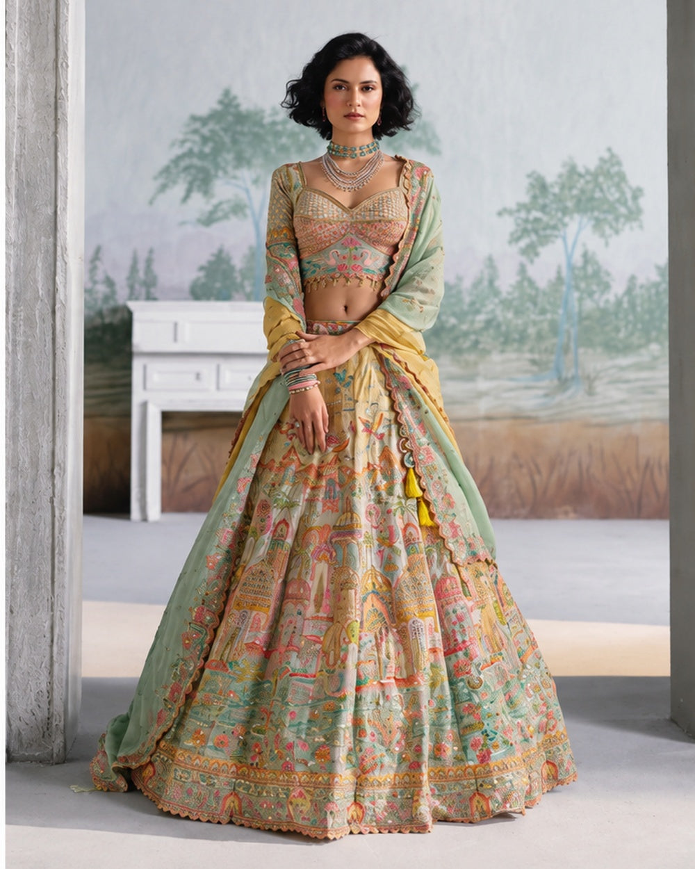 Pastel Mint Green Multicolor Bridal Lehenga Main image