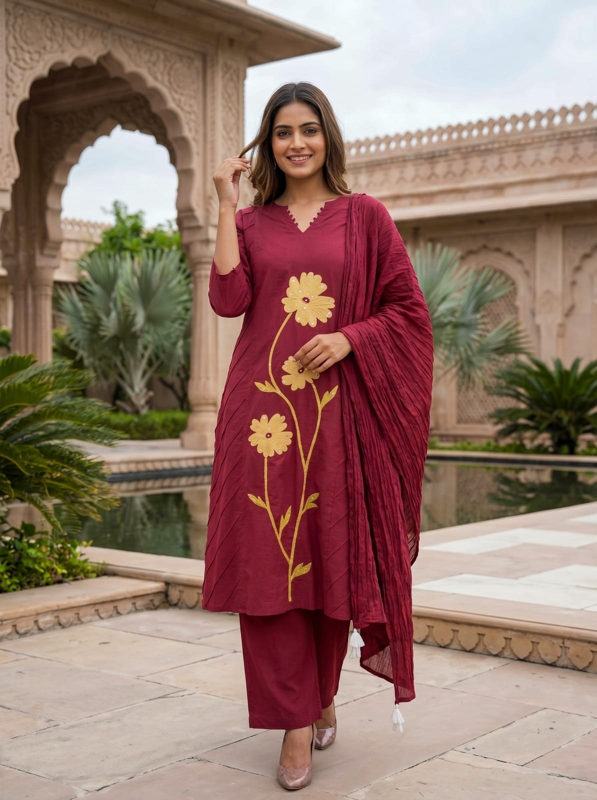 Maroon Floral Applique Embroidered Silk Kurti Set