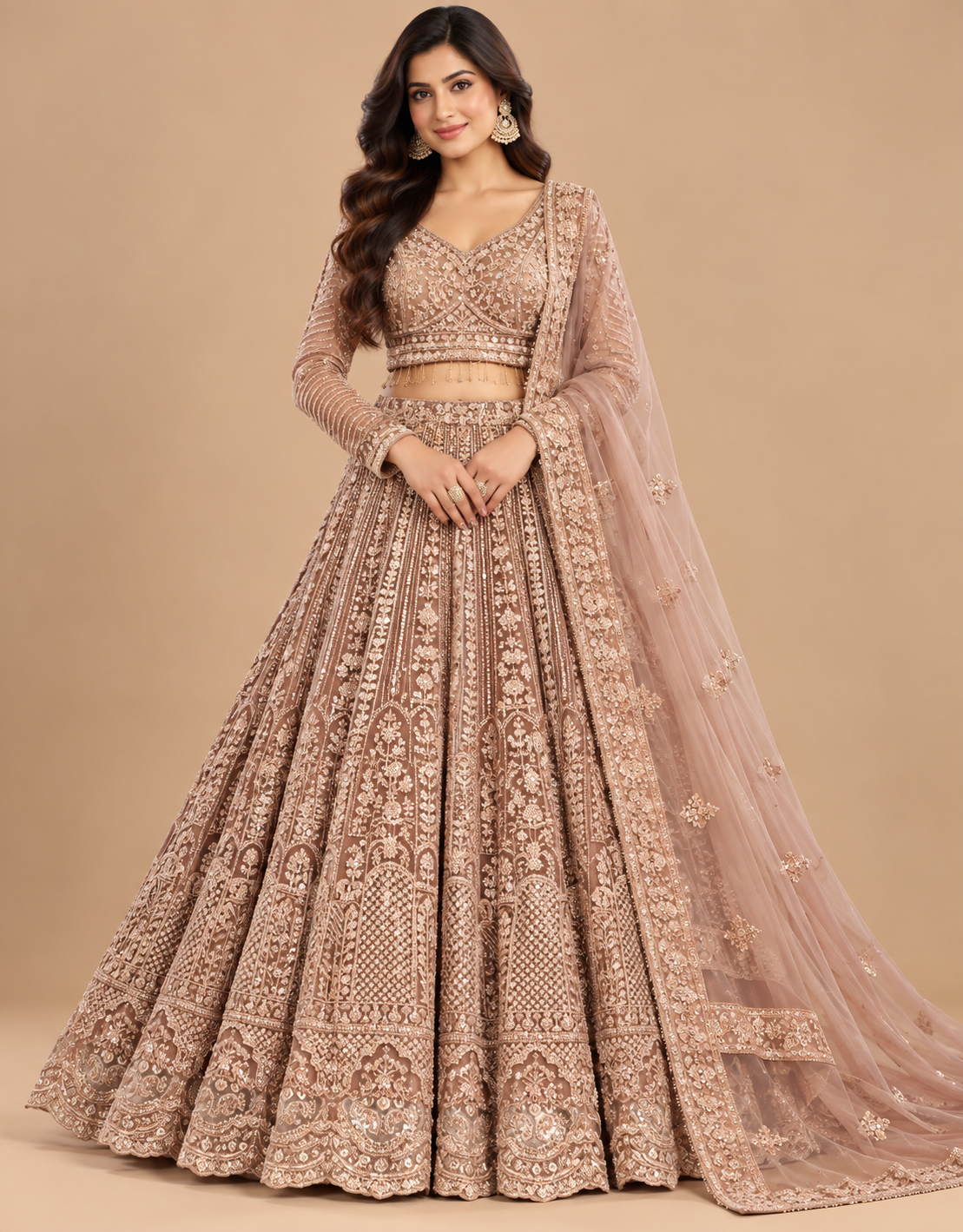 Dusty Mink-Brown Embroidered Full-Sleeve Bridal Lehenga Choli Set
