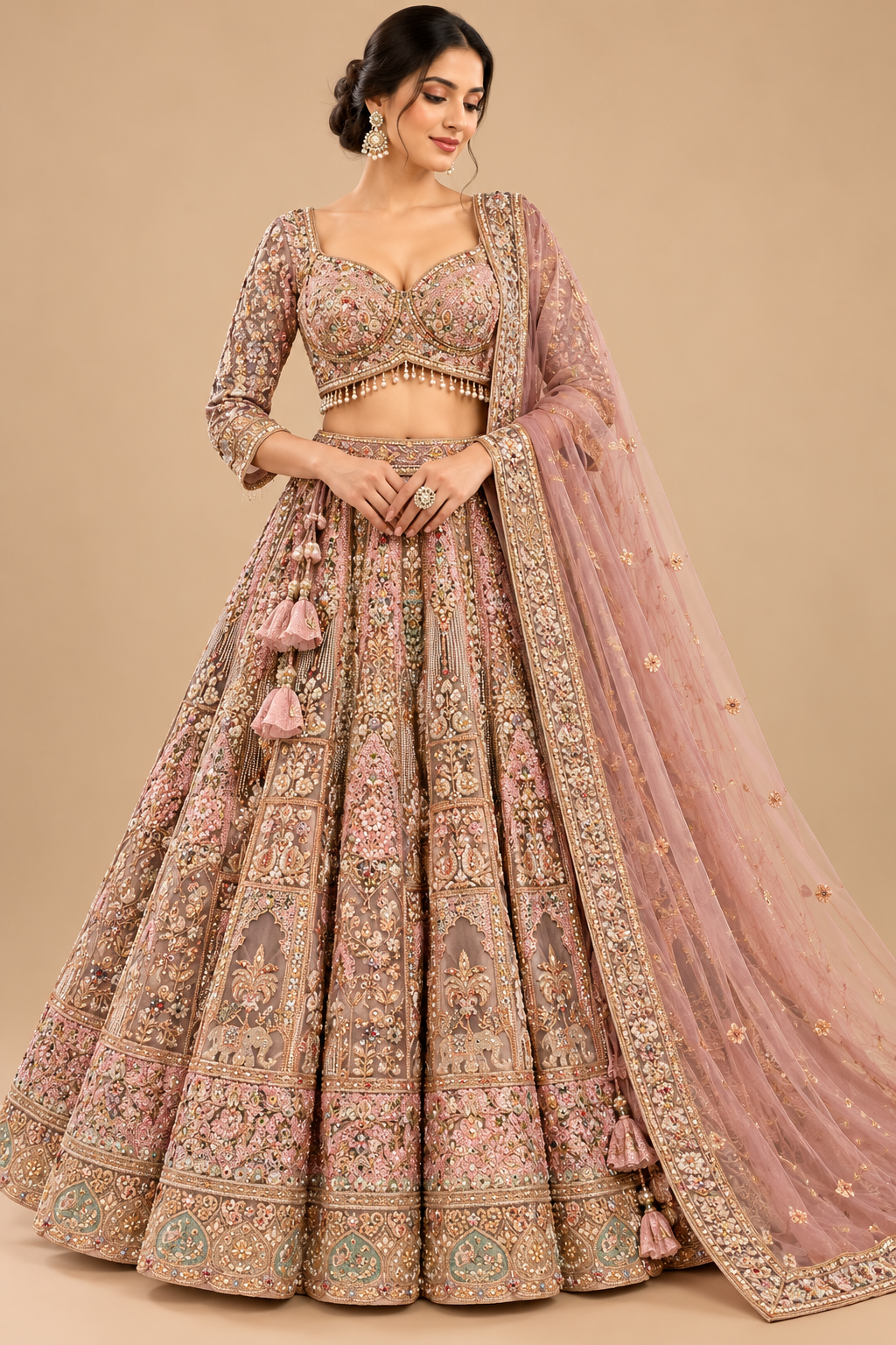 Dusty Mauve Embroidered Three-Quarter Sleeve Bridal Lehenga Choli Set
