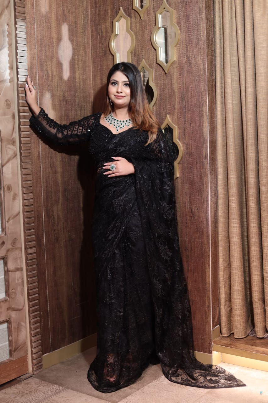 Exquisite Black Fancy Net Saree