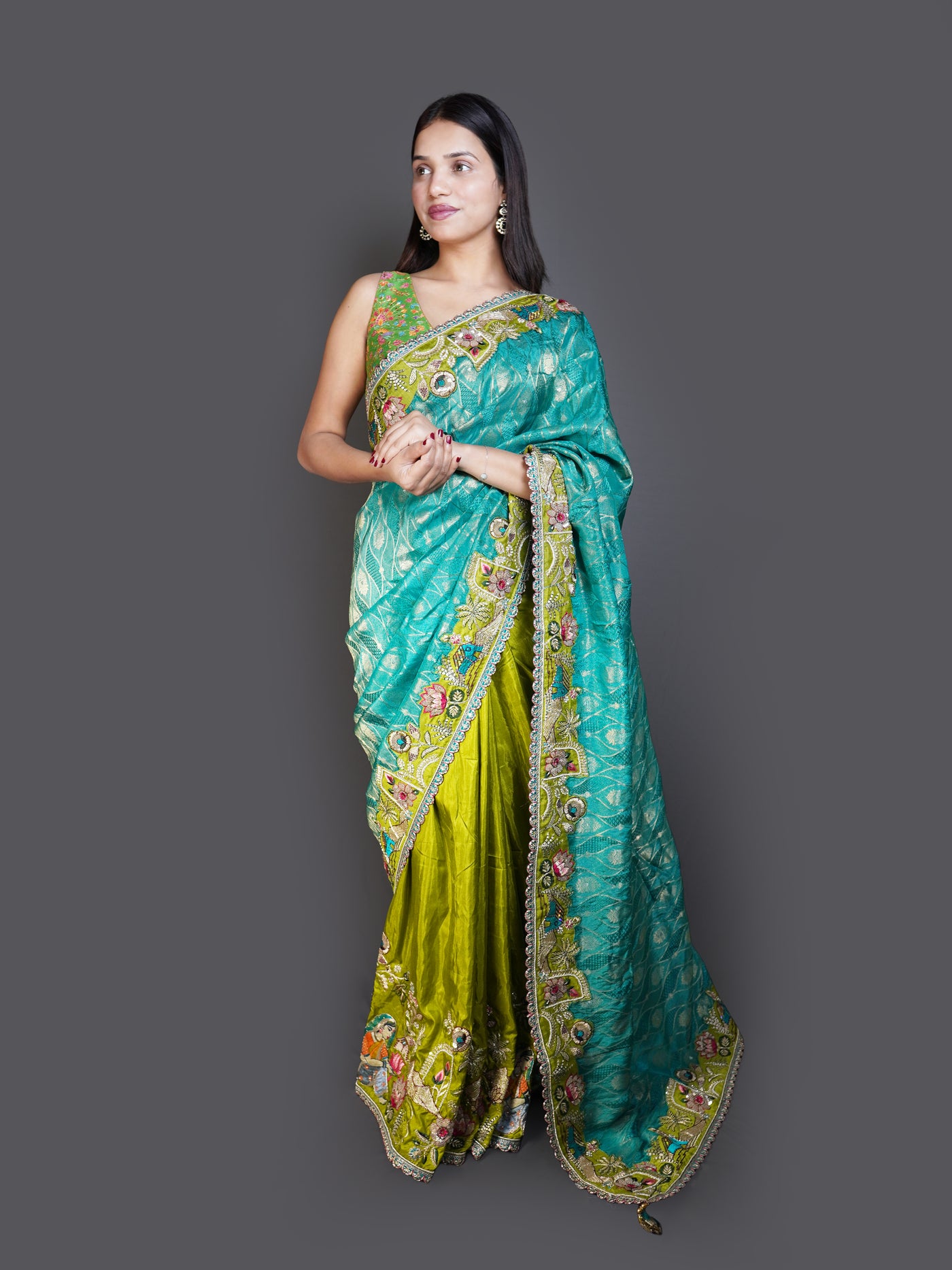 Teal & Lime Green Dual-Tone Saree with Heavy Embroidered Border (14177 GS-33)