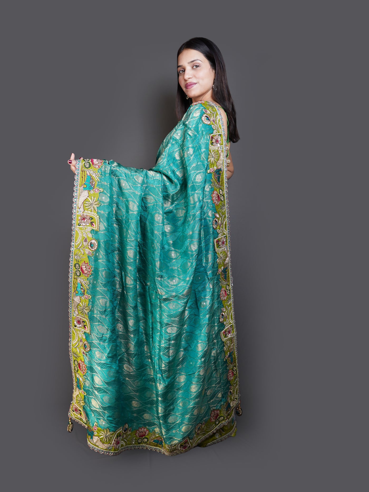 Teal & Lime Green Dual-Tone Saree with Heavy Embroidered Border (14177 GS-33)