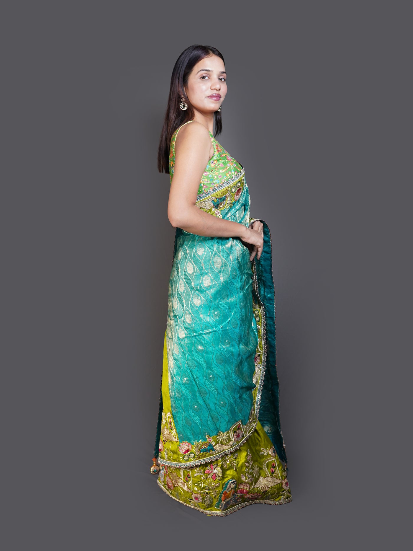 Teal & Lime Green Dual-Tone Saree with Heavy Embroidered Border (14177 GS-33)