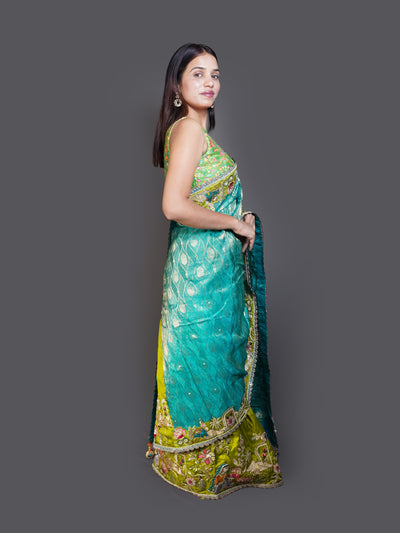 Teal & Lime Green Dual-Tone Saree with Heavy Embroidered Border (14177 GS-33)