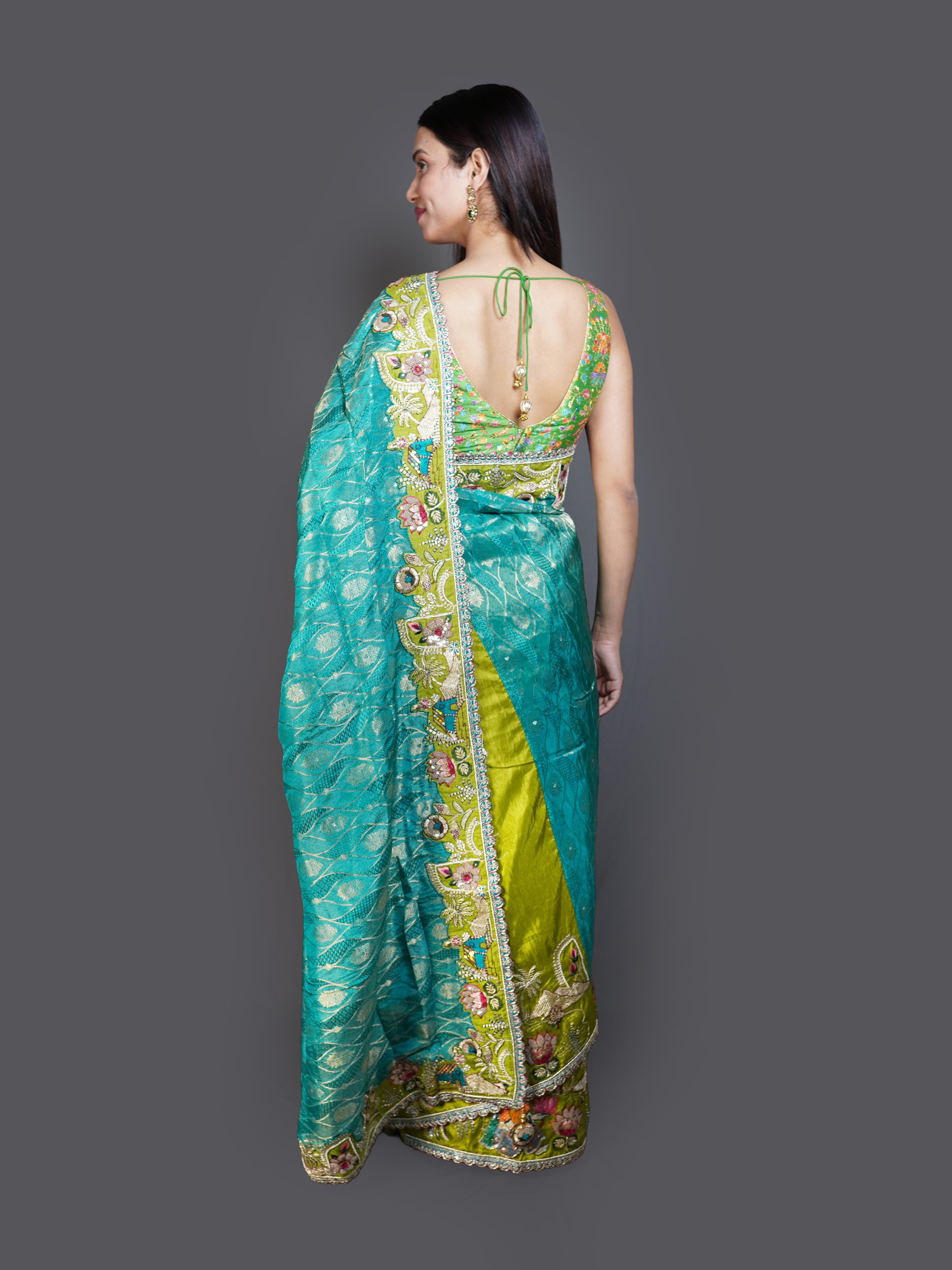Teal & Lime Green Dual-Tone Saree with Heavy Embroidered Border (14177 GS-33)