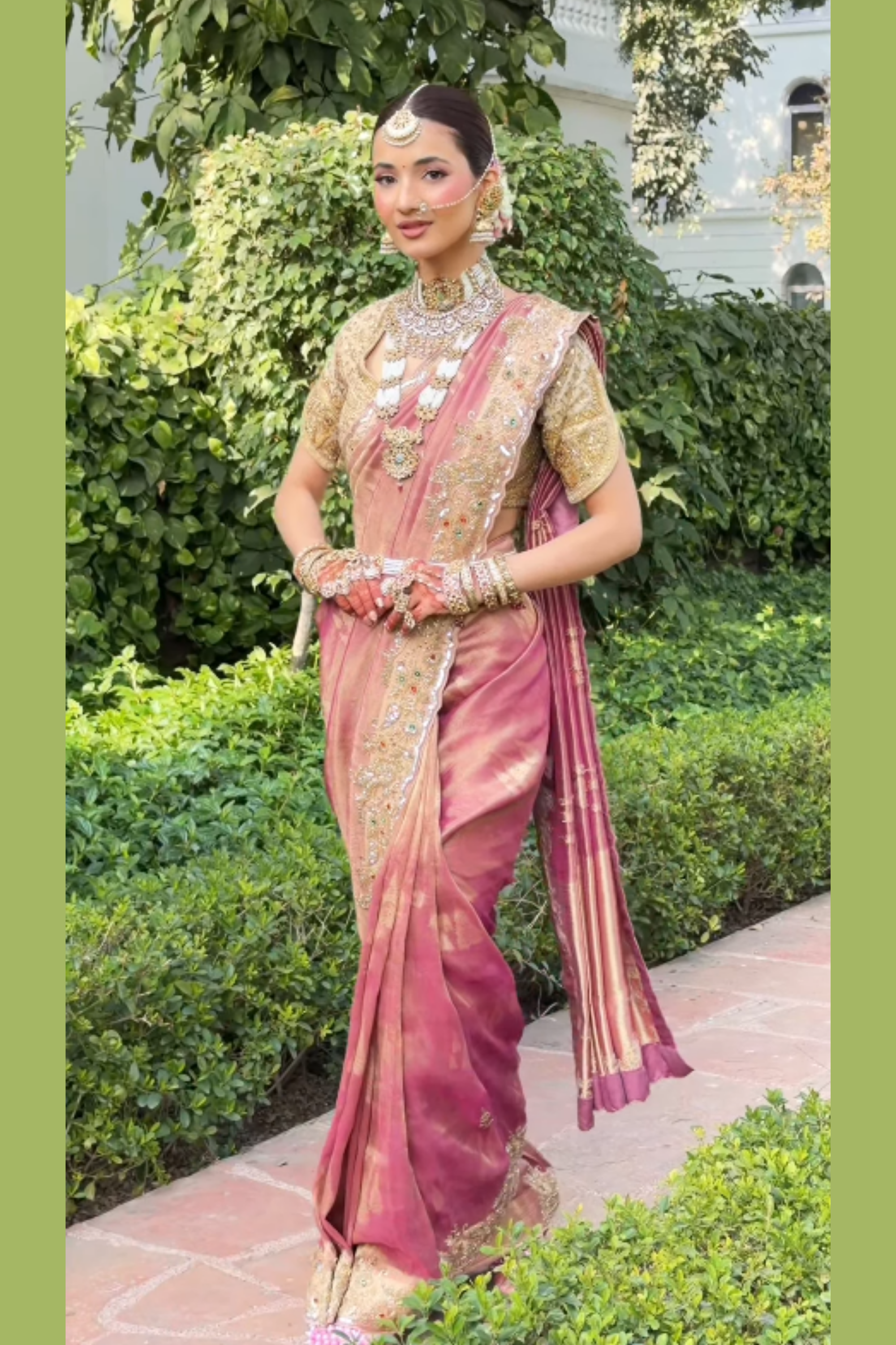 Pink emerald silk saree