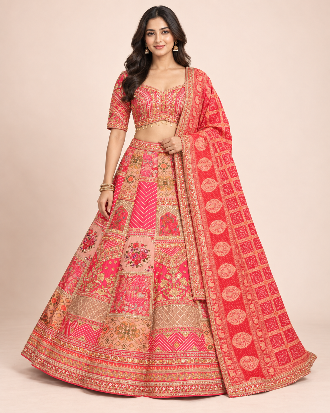 Rani Pink Bandhani Patchwork Silk Lehenga Choli Set