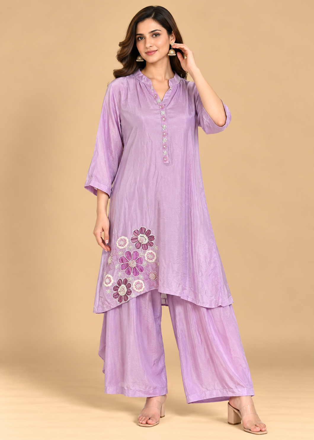 Lilac Floral Applique Embroidered Kurti Palazzo Set Main image