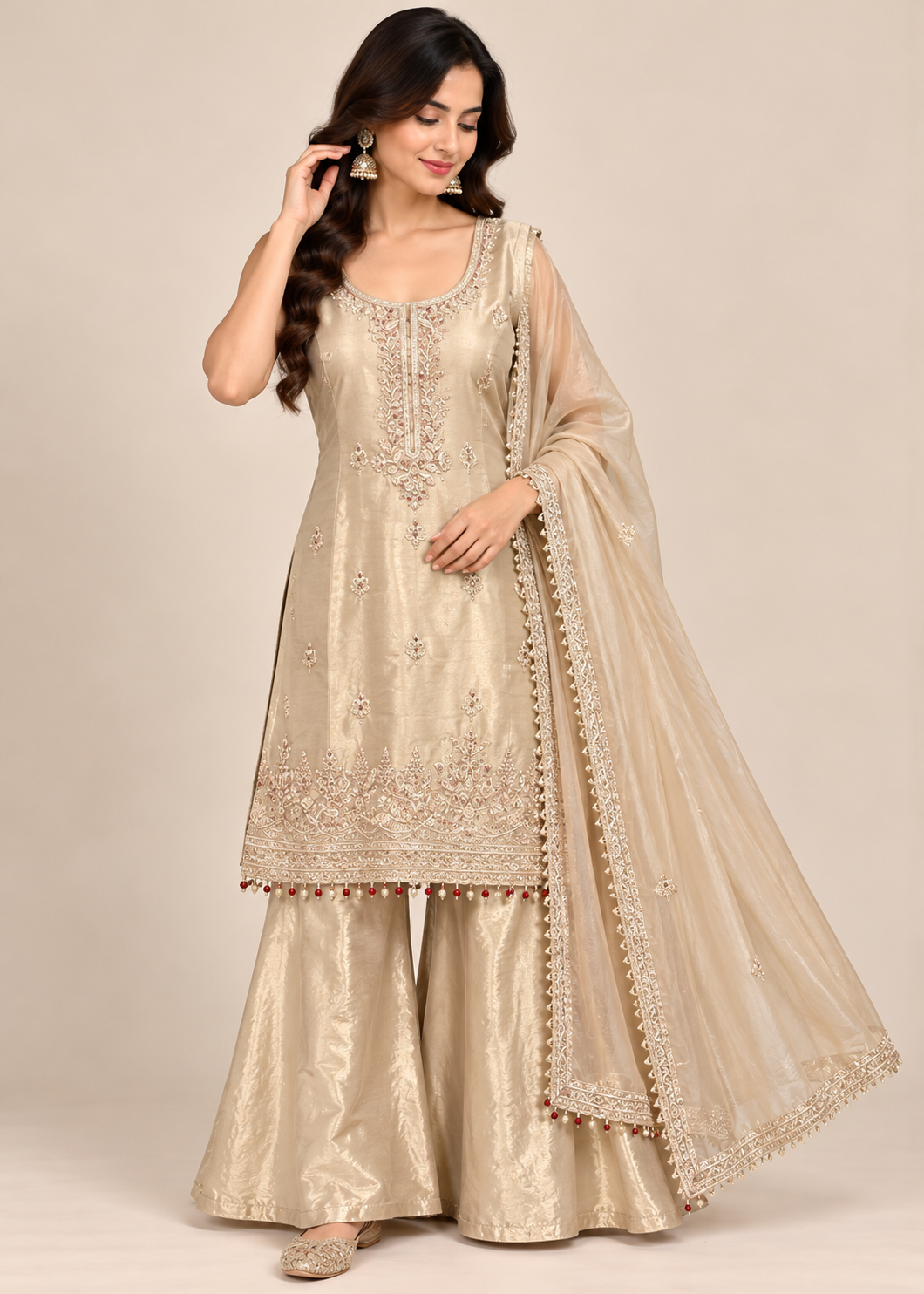 Ivory Gold Embroidered Palazzo Suit with Dupatta Main image