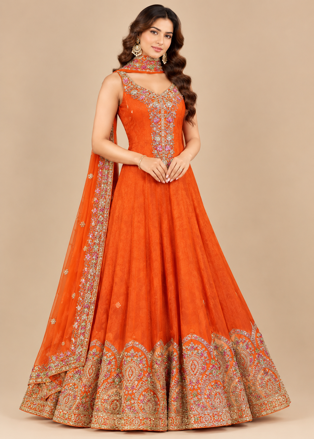 Rust Orange Embroidered Anarkali Set