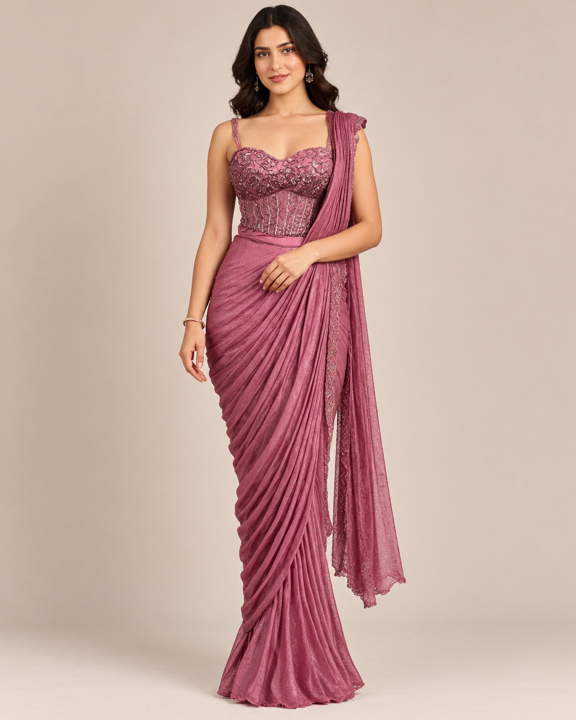 Mauve Drape Saree with Embellished Corset Blouse