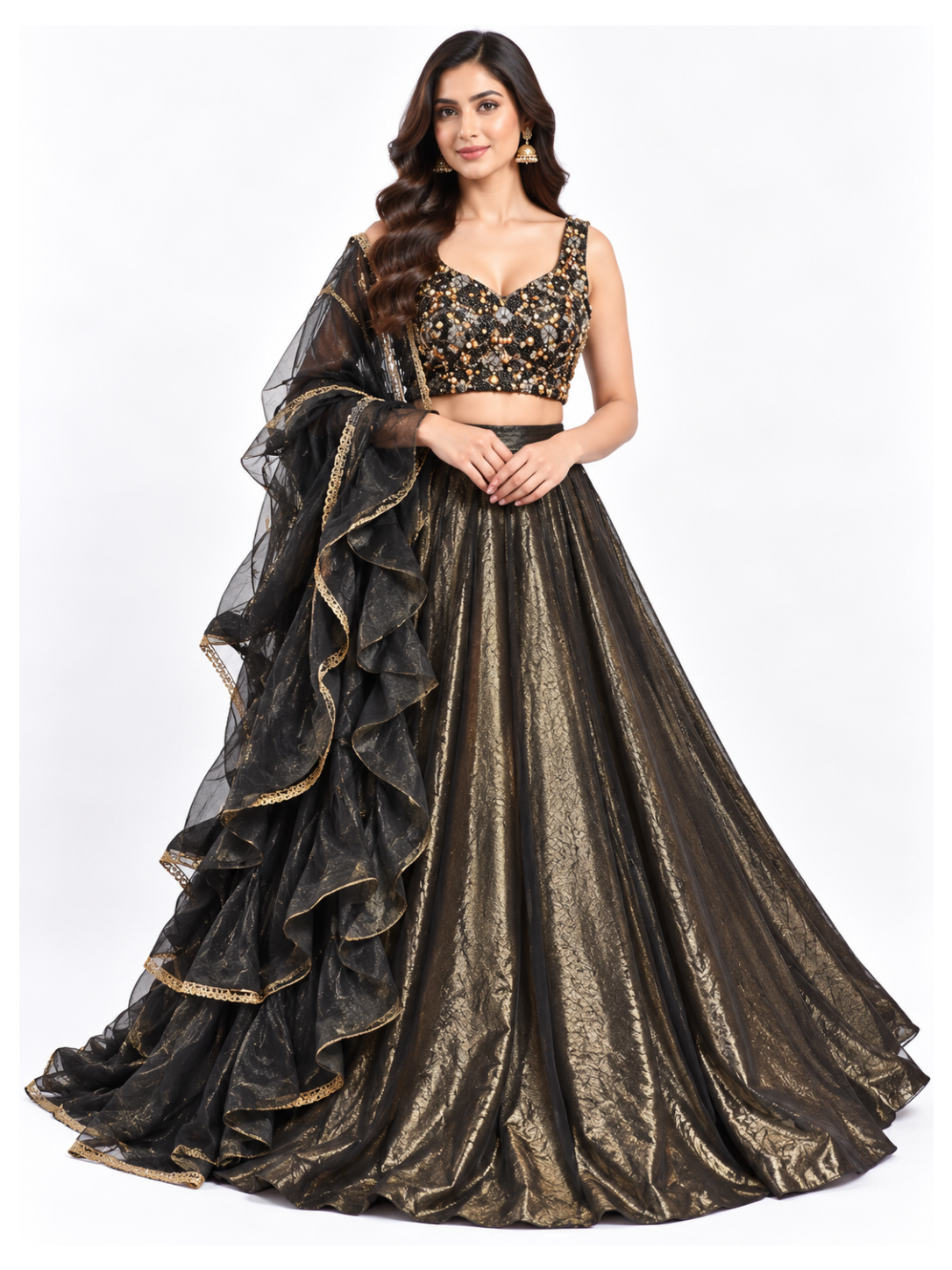 Black and Gold Shimmer Lehenga with Embellished Blouse Main image