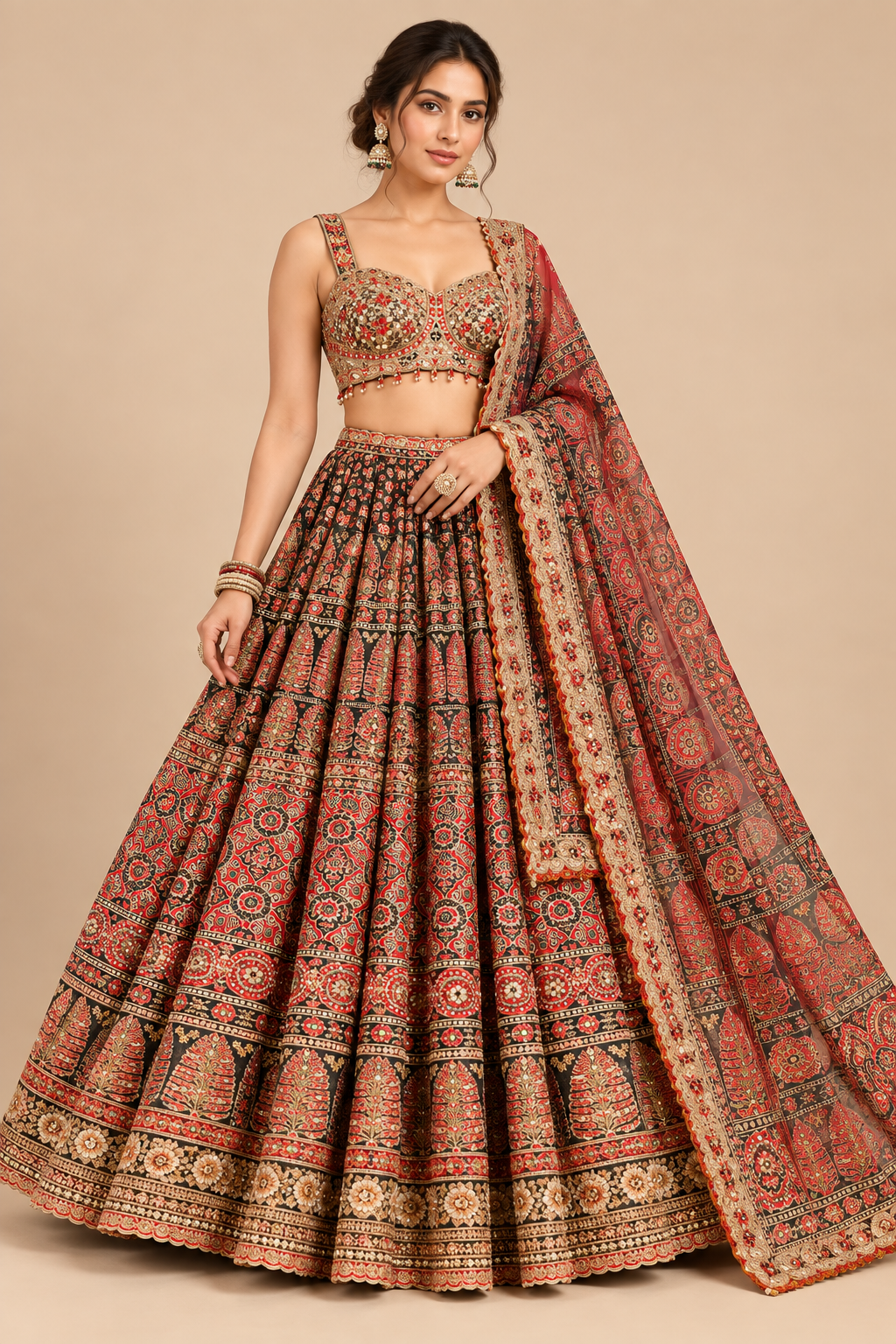 Rust Maroon & Black Handcrafted Ajrakh Heritage Silk Kalidar Lehenga Choli Set with Dupatta