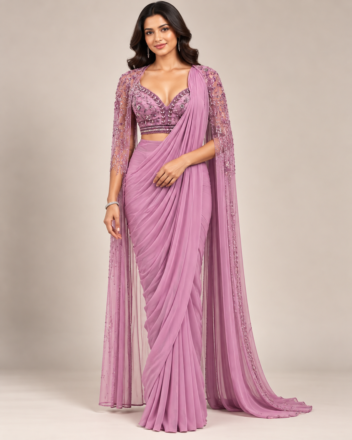 Mauve Draped Saree with Embellished Cape