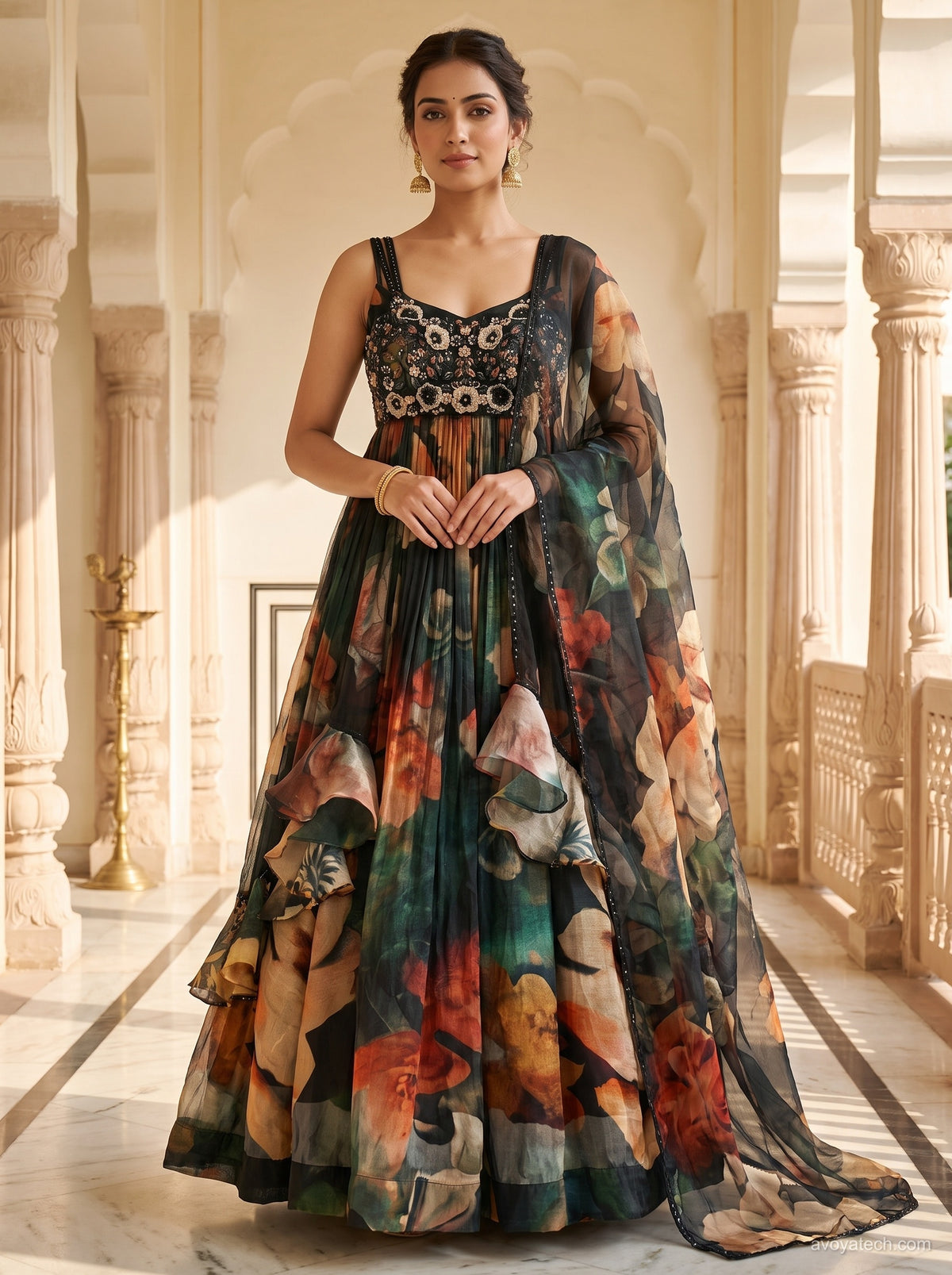 Midnight Botanical Floral Printed Lehenga Set Main image